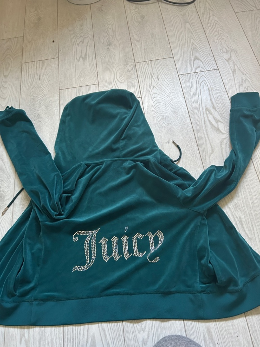 Juicy Couture Teal Velour Hoodie with Rhinestone Juicy Logo